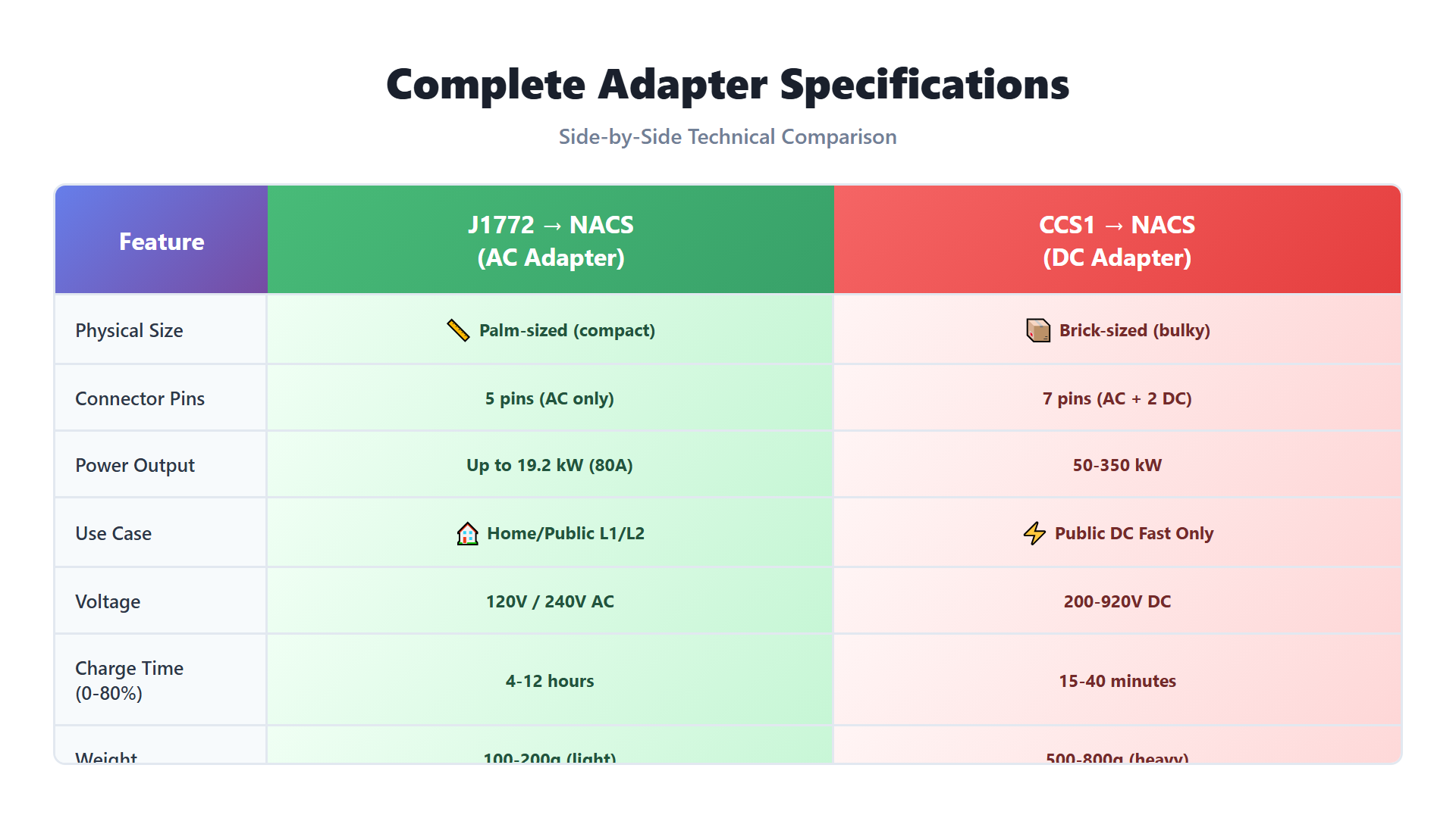 Complete adapter specifications comparison table