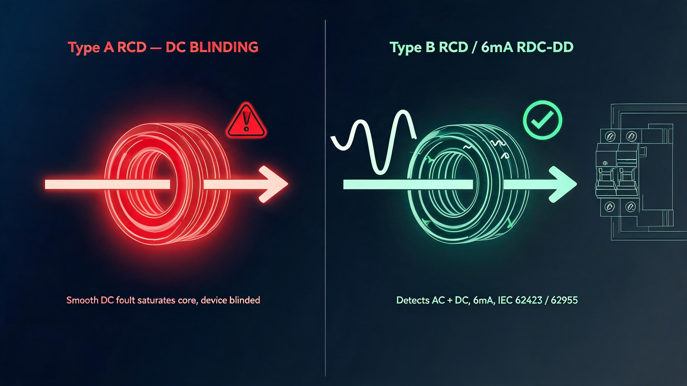 Type A core saturation DC blinding versus Type B RDC-DD operation diagram
